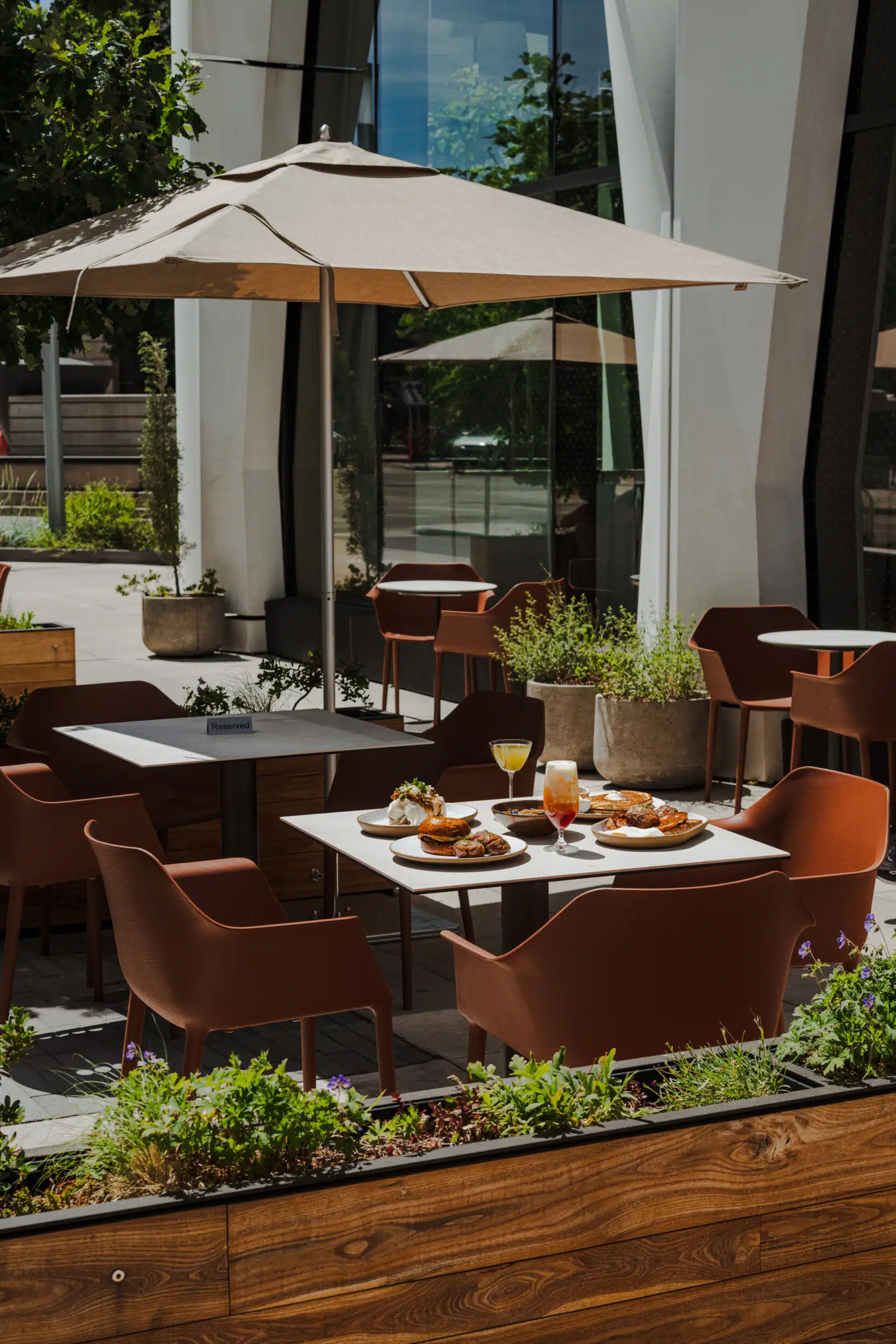 Pasque's outdoor patio with shared plates and drinks on a table, terracotta chairs, a large umbrella, and planters of greenery.